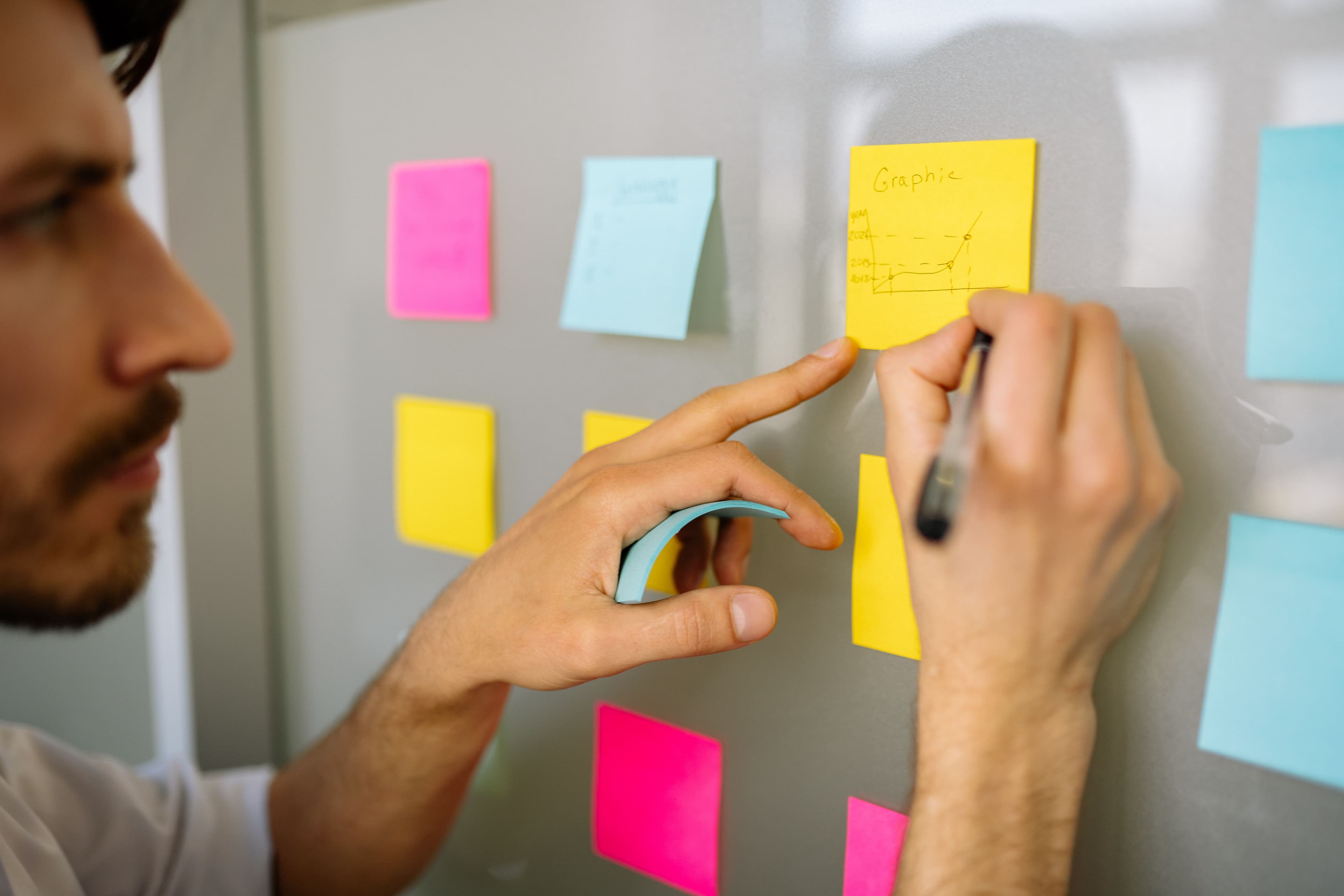A planning wall covered in sticky notes mapping out a roadmap.